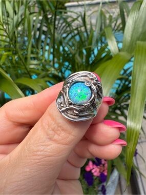 Vintage Magnolia Sterling Silver 925 Blue Opal Statement Ring